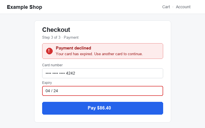 Example Shop checkout page with a "Payment declined" error saying the card has expired