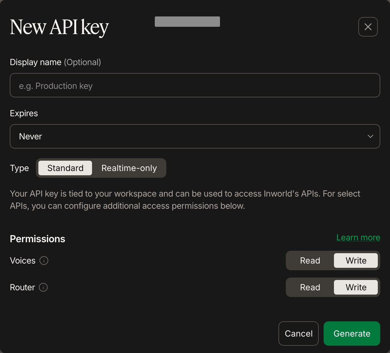 New API key dialog with key type and Voice and Router write permissions