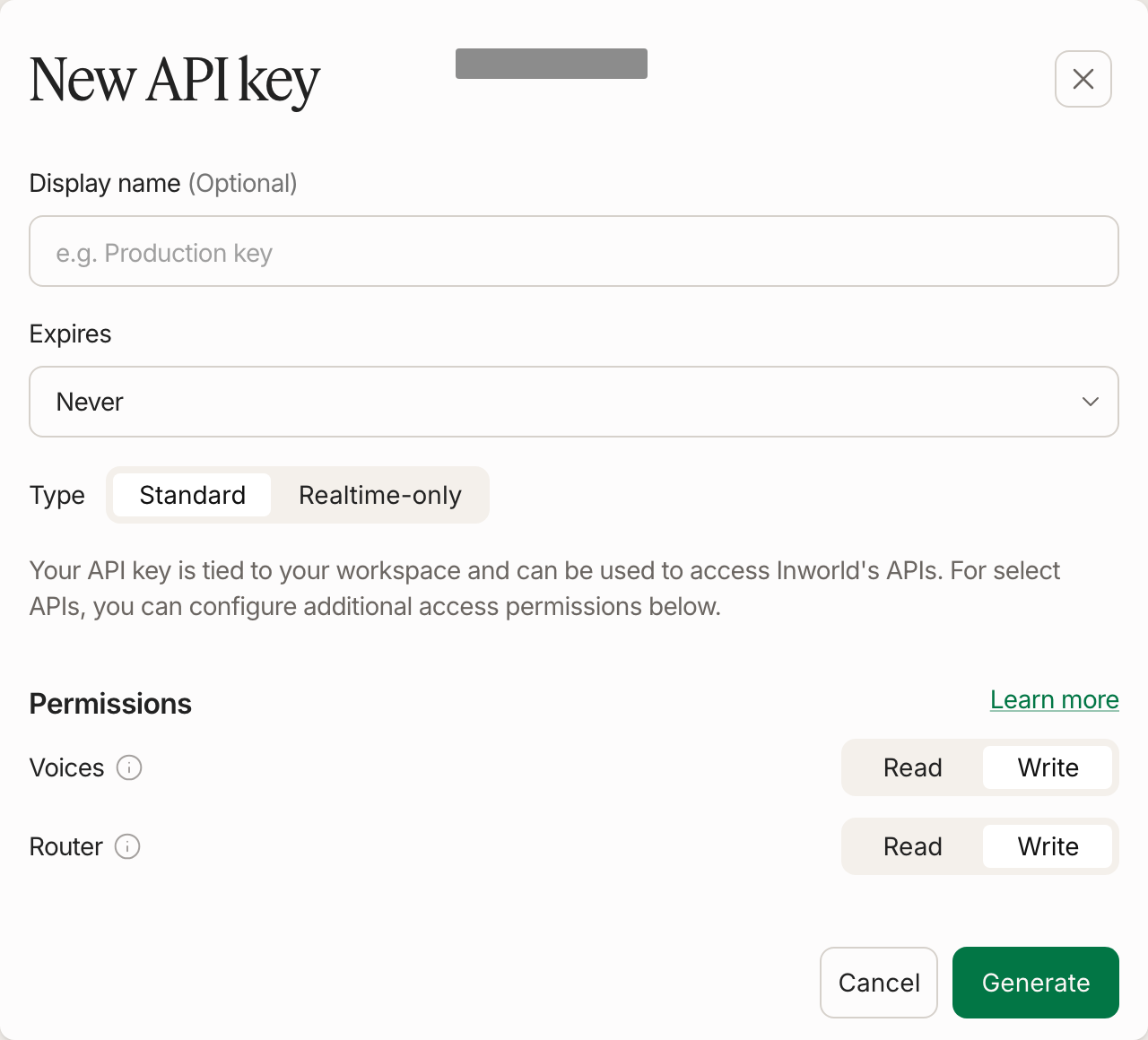 New API key dialog with key type and Voice and Router write permissions