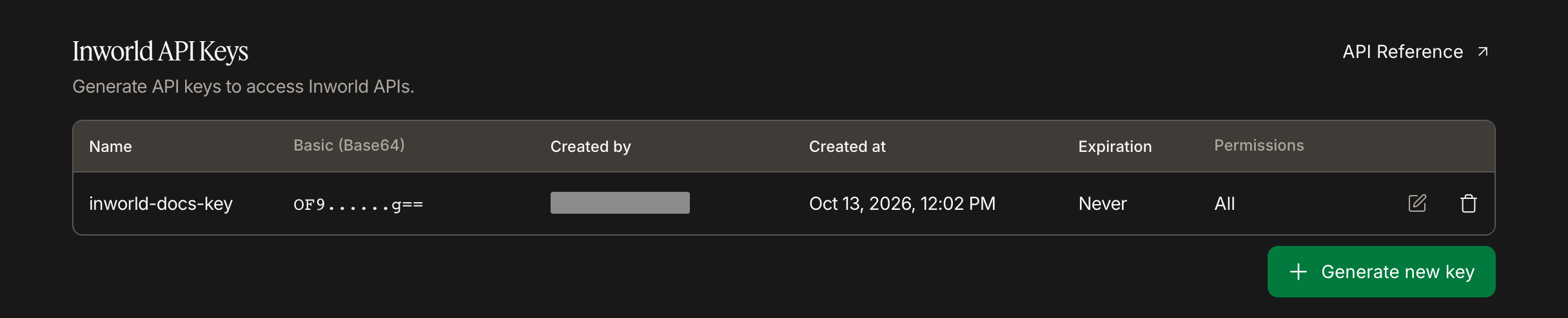 API Keys page with Basic (Base64), UI-masked credentials and a hidden email