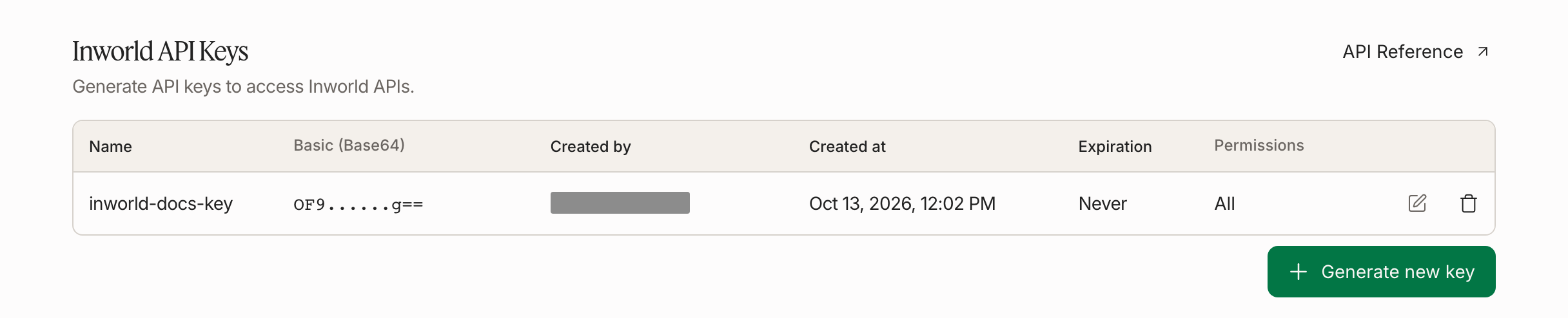 API Keys page with Basic (Base64), UI-masked credentials and a hidden email