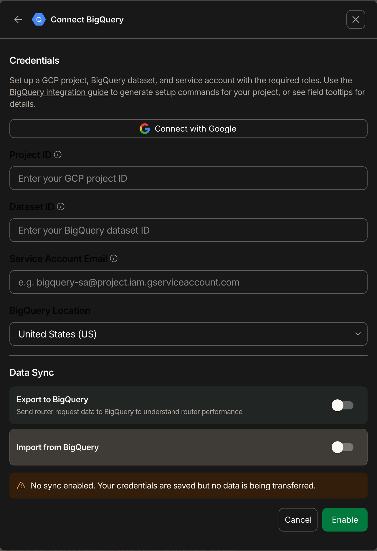 Connect BigQuery dialog with credentials and Data Sync controls