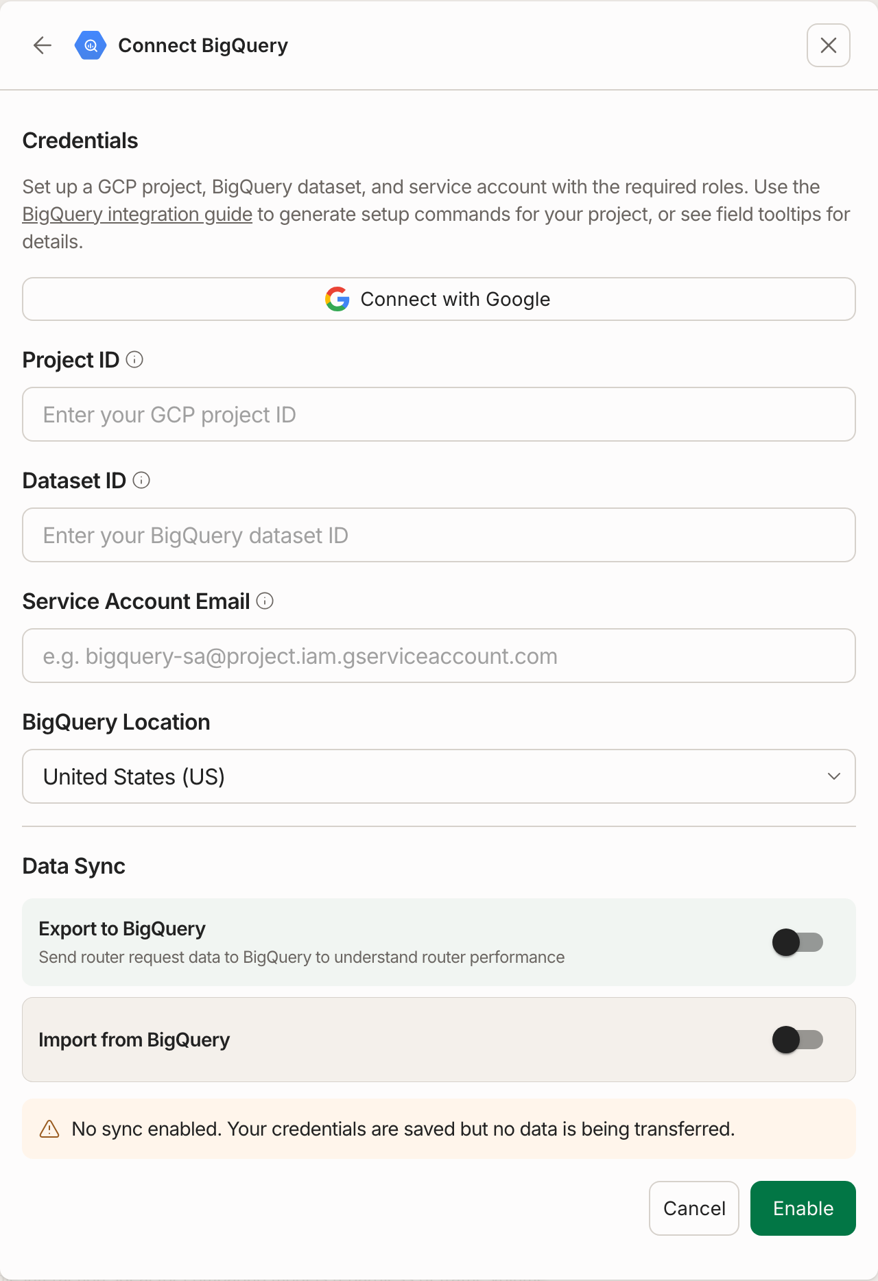 Connect BigQuery dialog with credentials and Data Sync controls