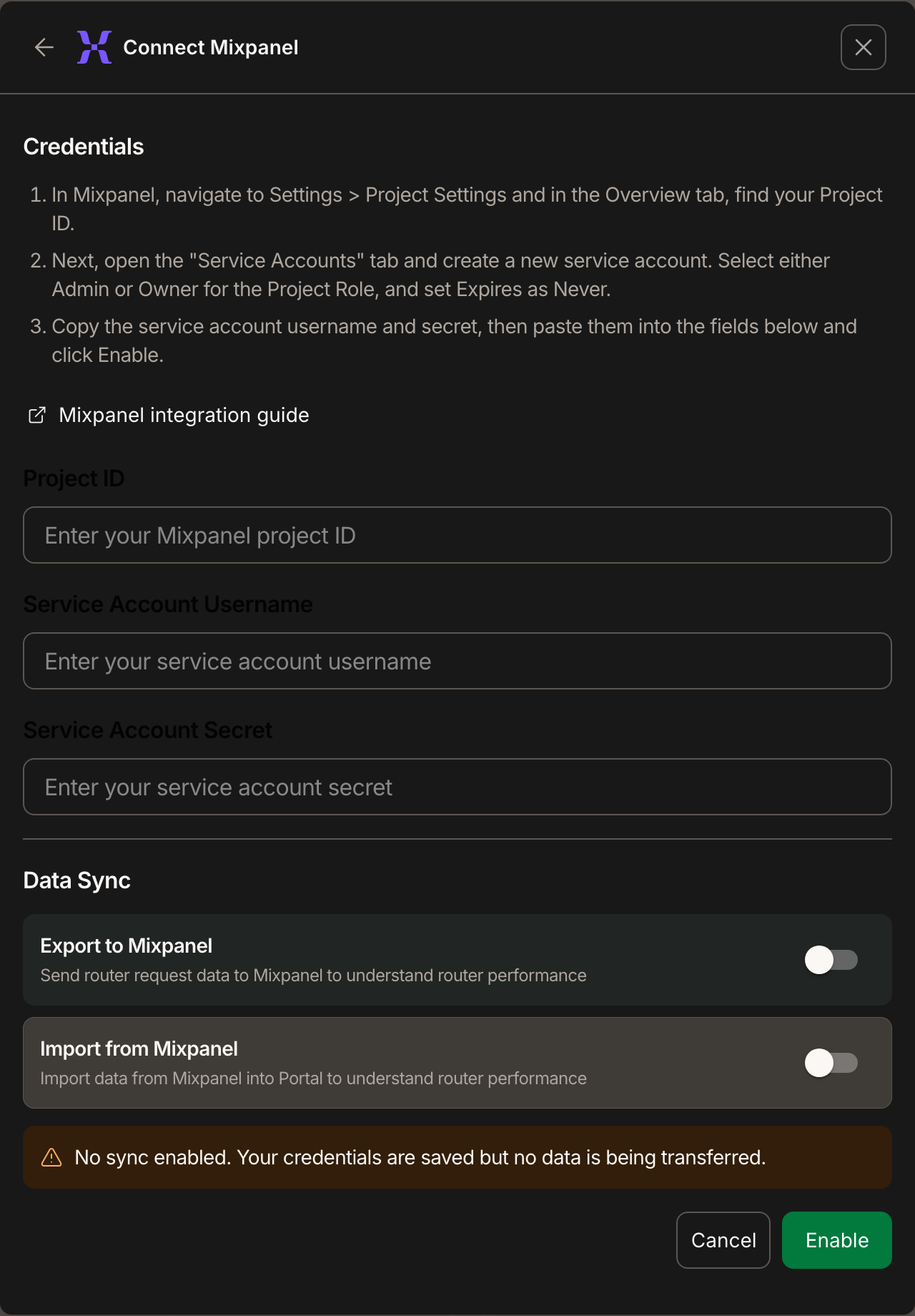 Connect Mixpanel dialog with credentials and Data Sync controls