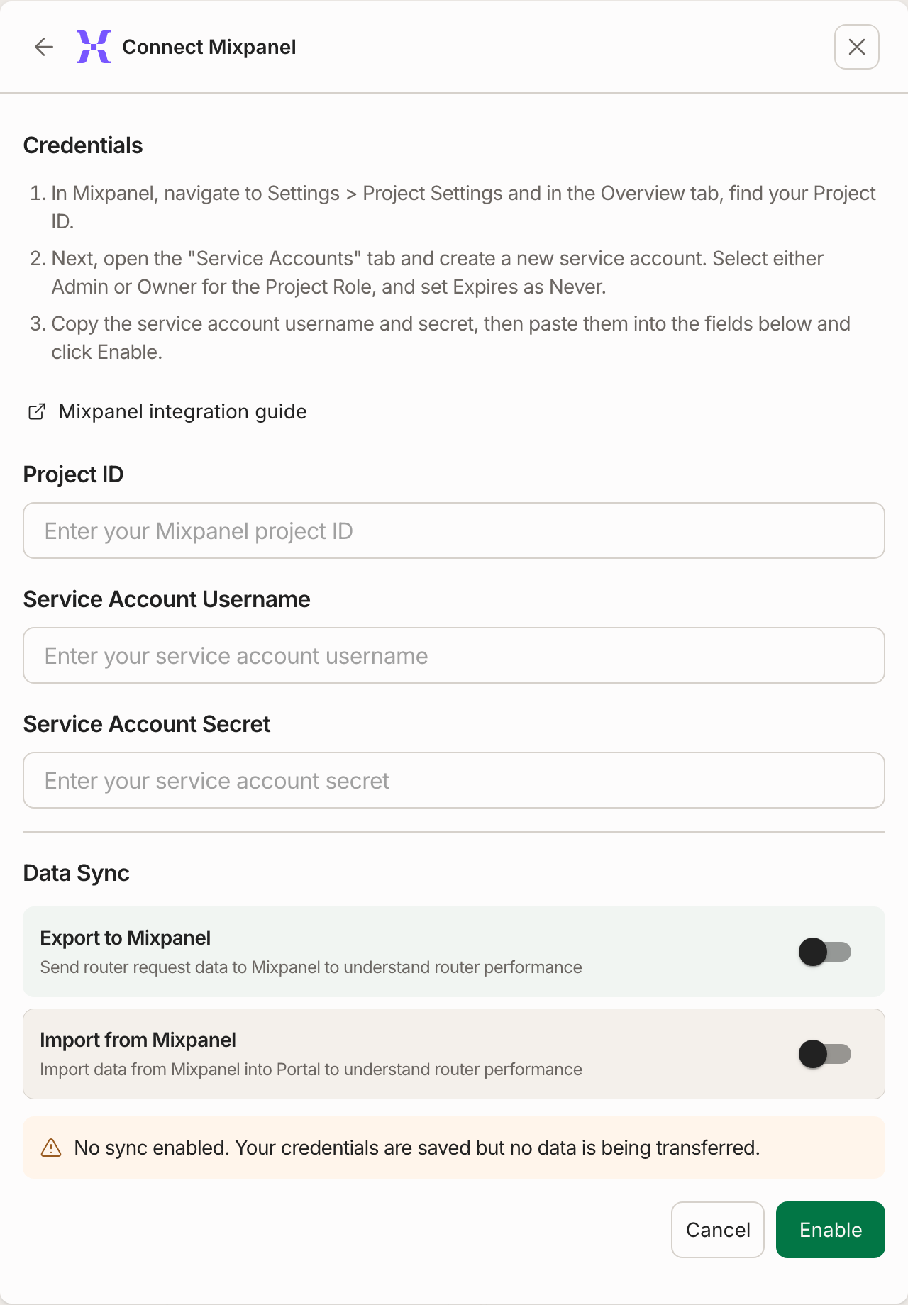 Connect Mixpanel dialog with credentials and Data Sync controls