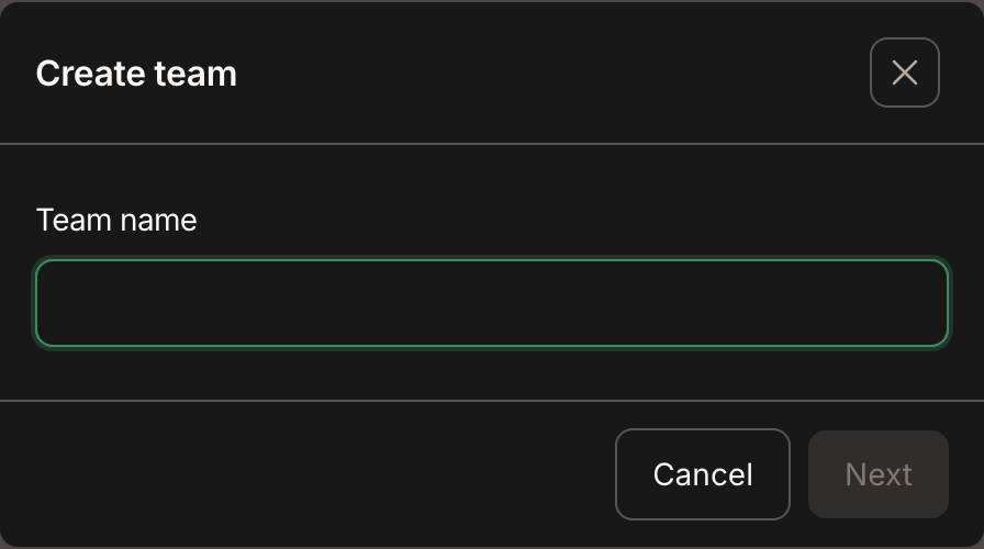 Create team dialog with the Team name field