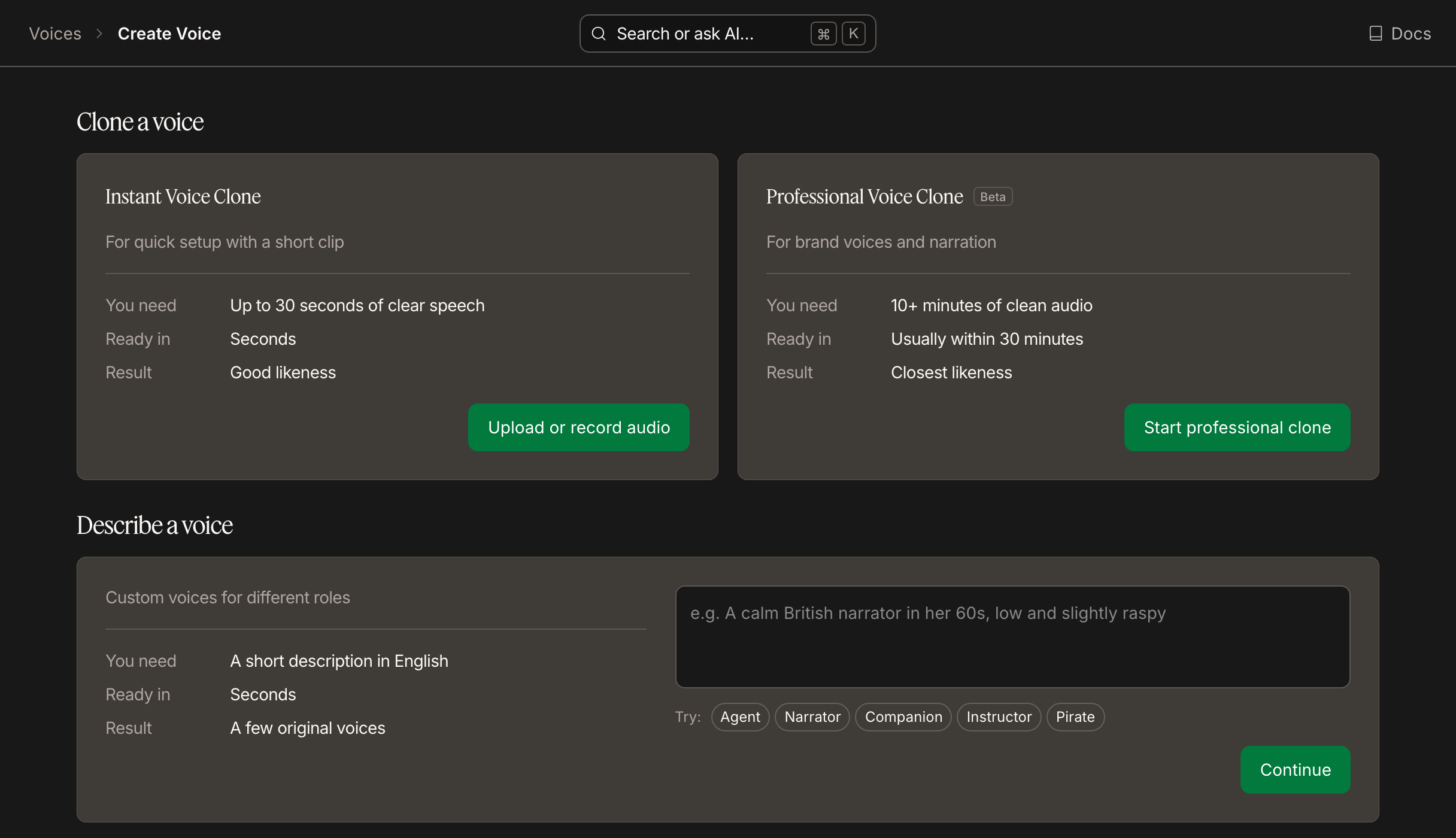 Professional Voice Clone card on the Create Voice page
