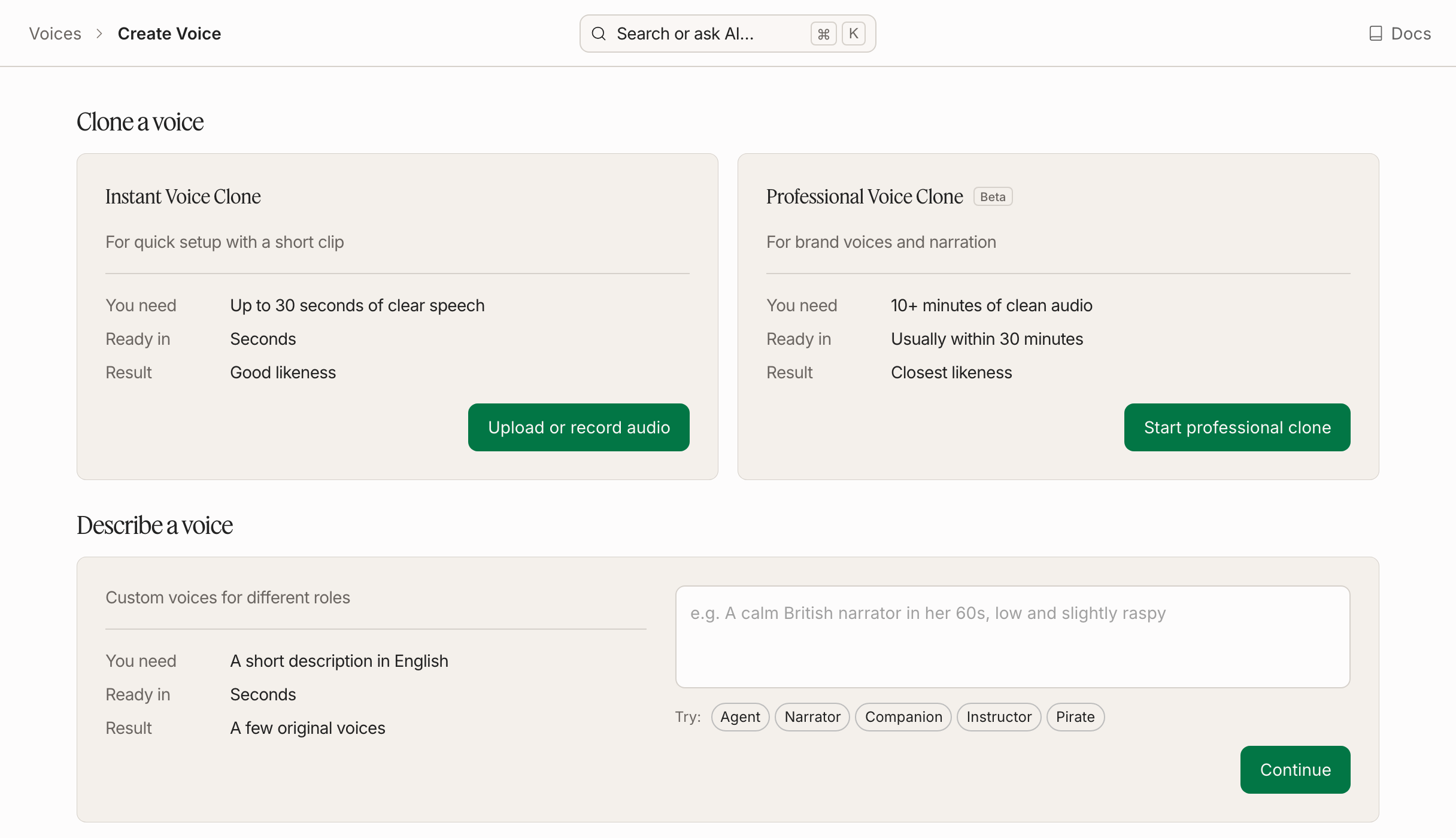 Professional Voice Clone card on the Create Voice page