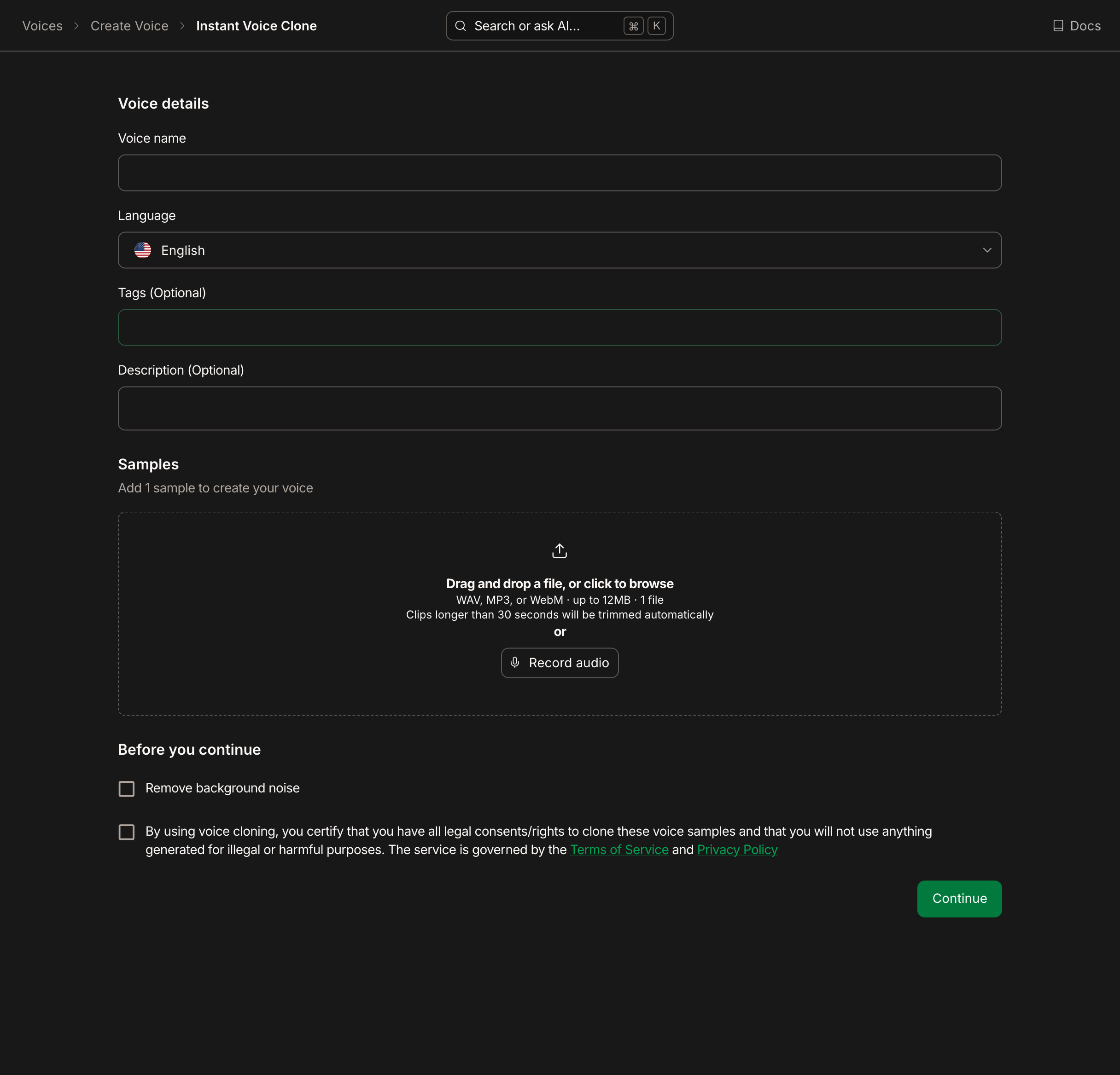 Instant Voice Clone form with voice details, audio upload and consent controls