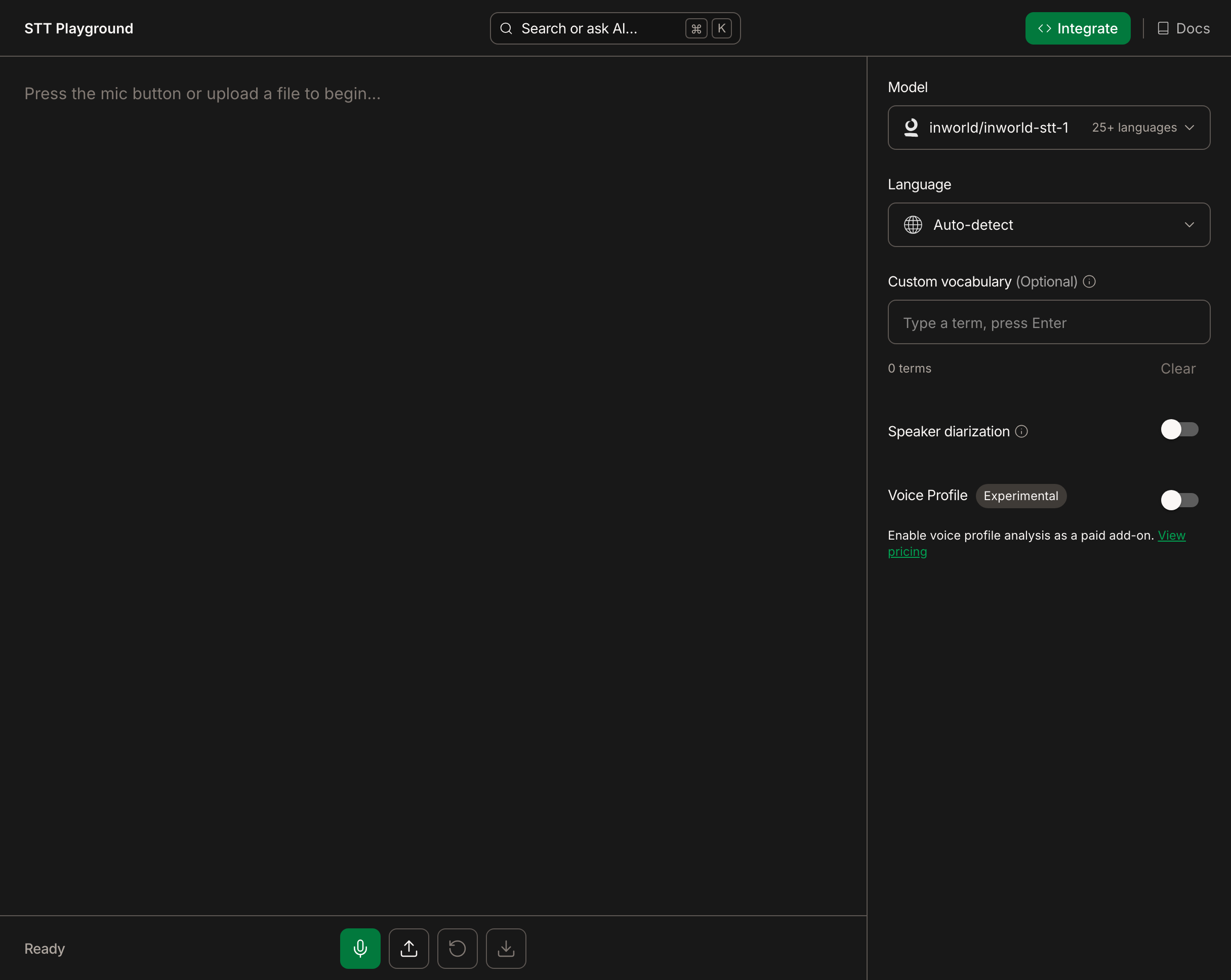 STT Playground with model, language, custom vocabulary and speaker controls