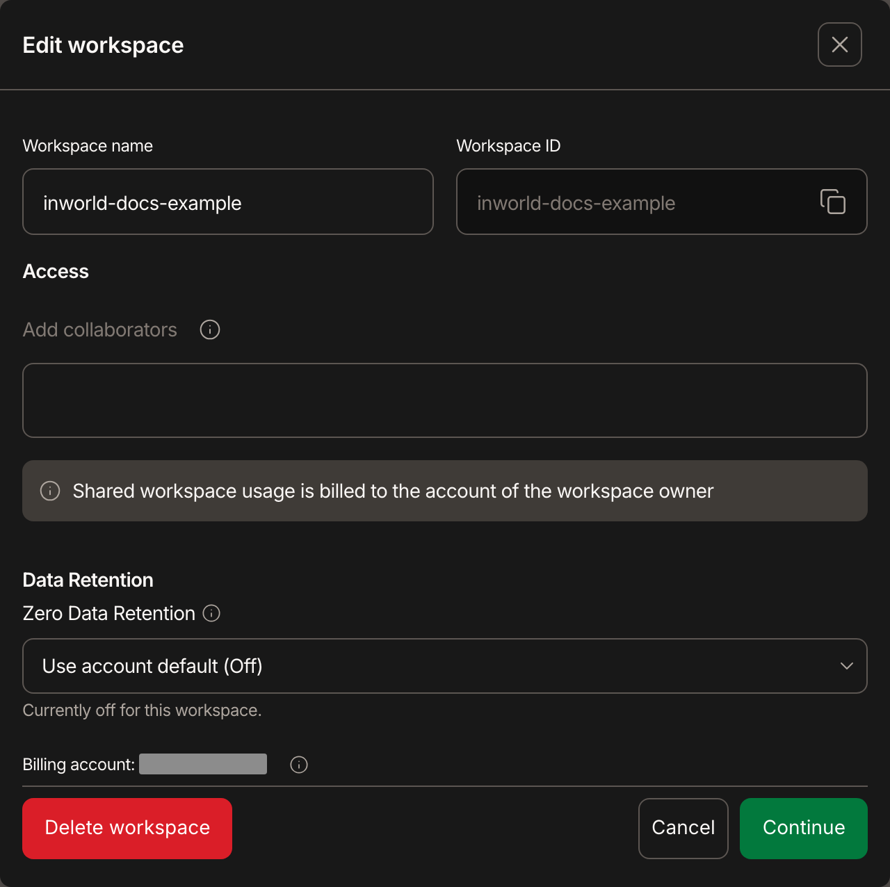 Edit workspace dialog with Add collaborators, visible test values and a hidden billing email