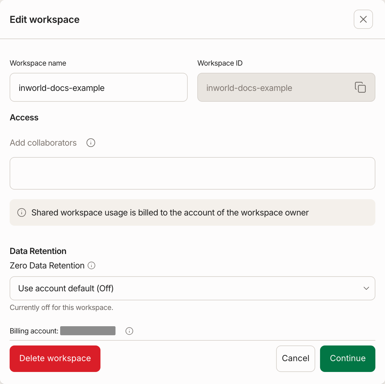 Edit workspace dialog with Add collaborators, visible test values and a hidden billing email
