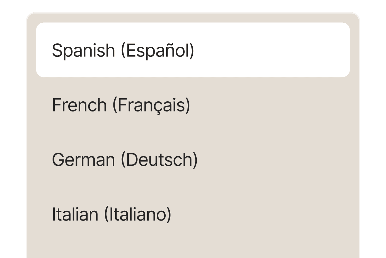 Dropdown menu showing Spanish selected, with French, German, and Italian as alternative language choices.