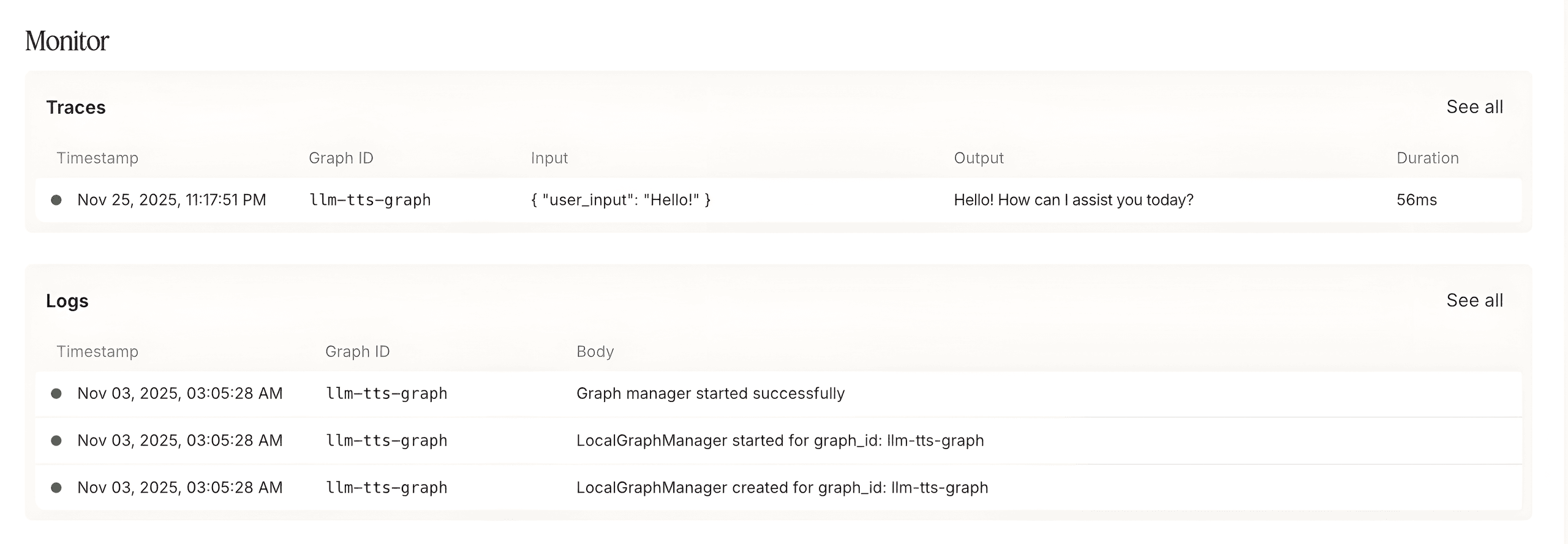 Dashboard screen with sections for Traces, Logs, and Experiments, showing successful initialization events and trace details for an 'llm-tts-graph'.