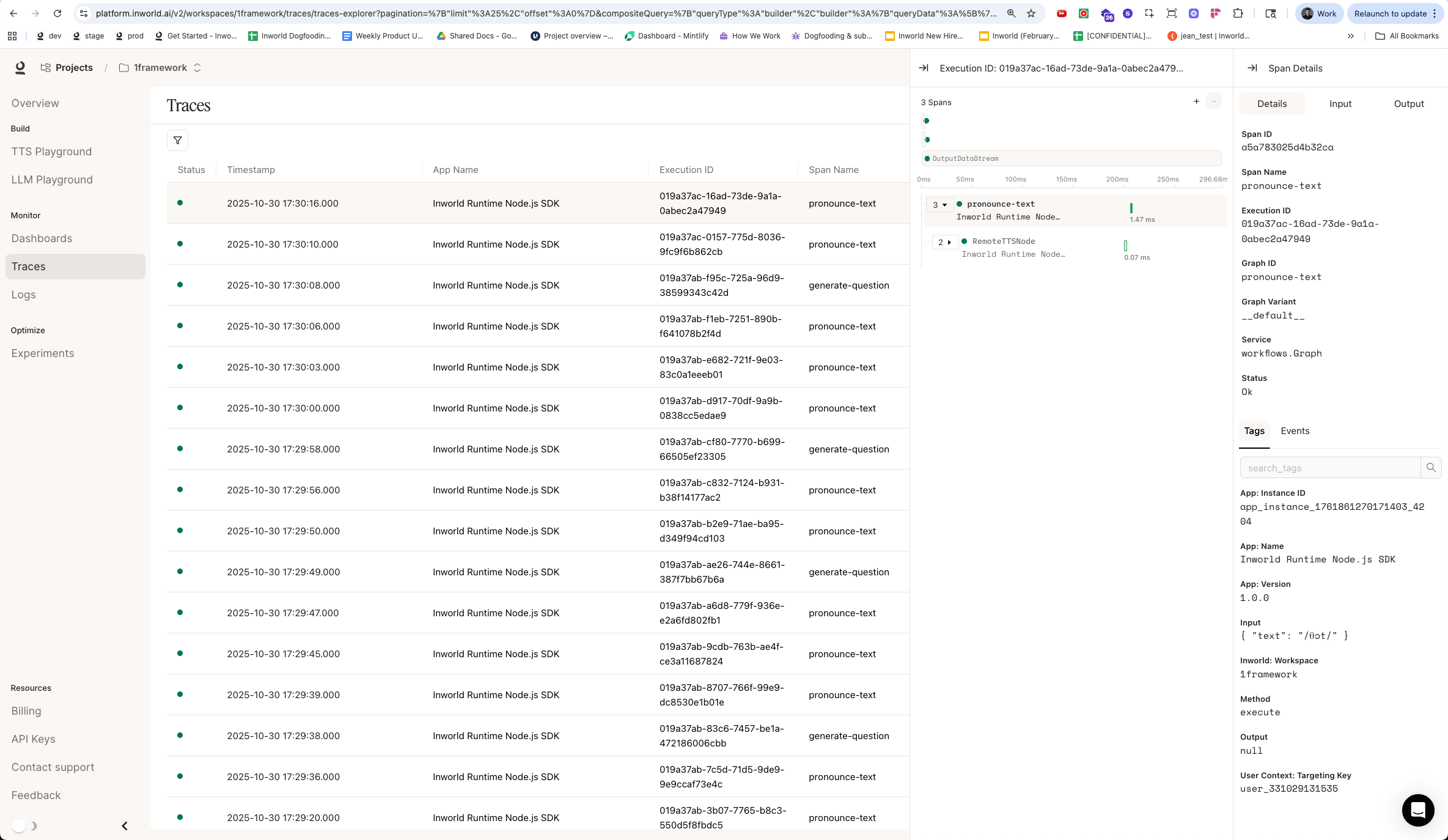 A detailed trace log from an AI runtime system, showing timestamps and execution spans for speech processing tasks.
