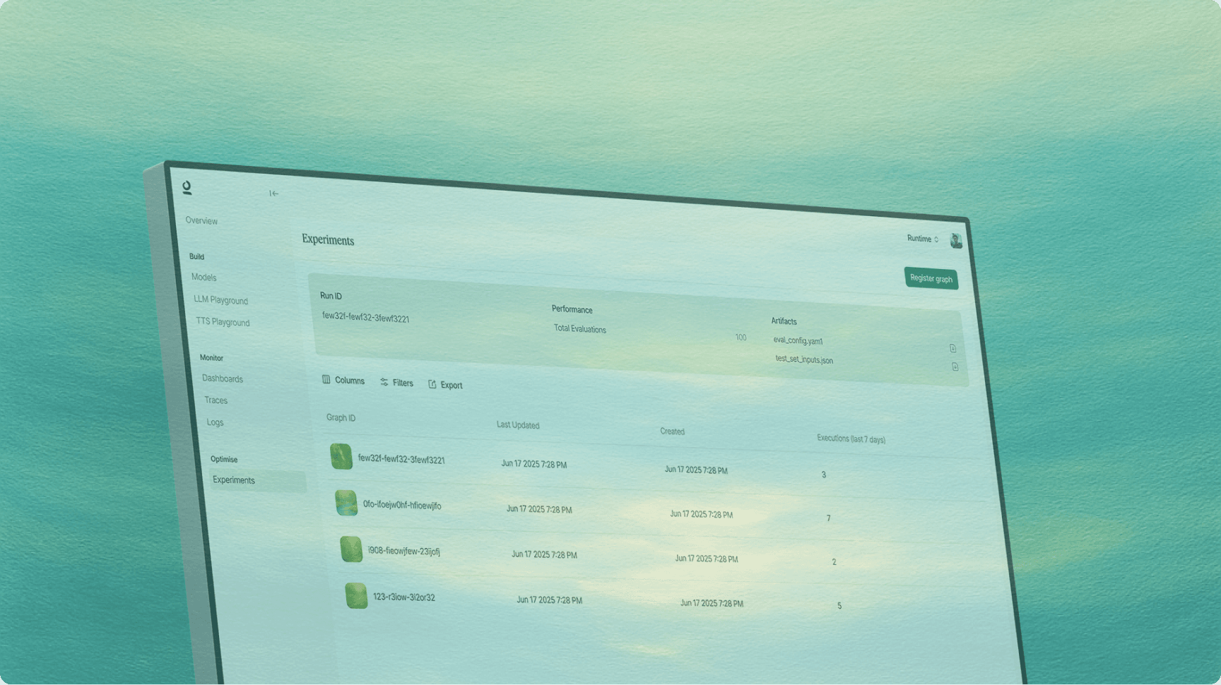 A computer screen featuring UI from Inworld's product, slightly transparent over a blue-green background.