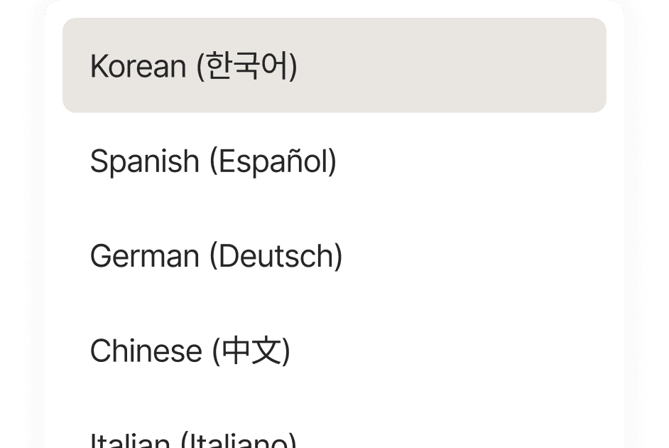 A user interface demonstrating multilingual support, with a dropdown menu to select languages such as Korean, Spanish, and German.