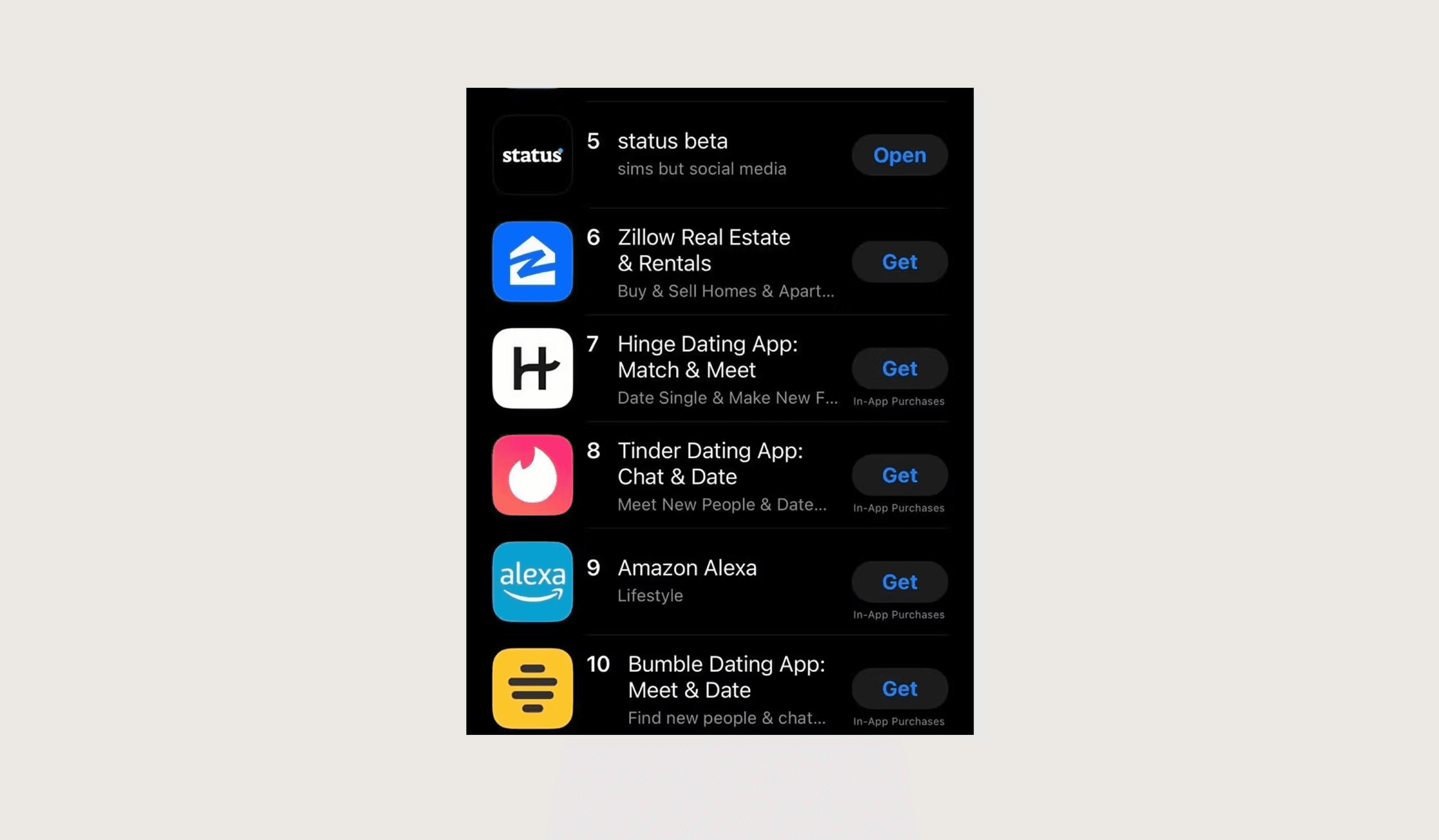 Screenshot demonstrating the high performance of 'status beta', ranking number 5 in the app store, surpassing major social and dating applications.