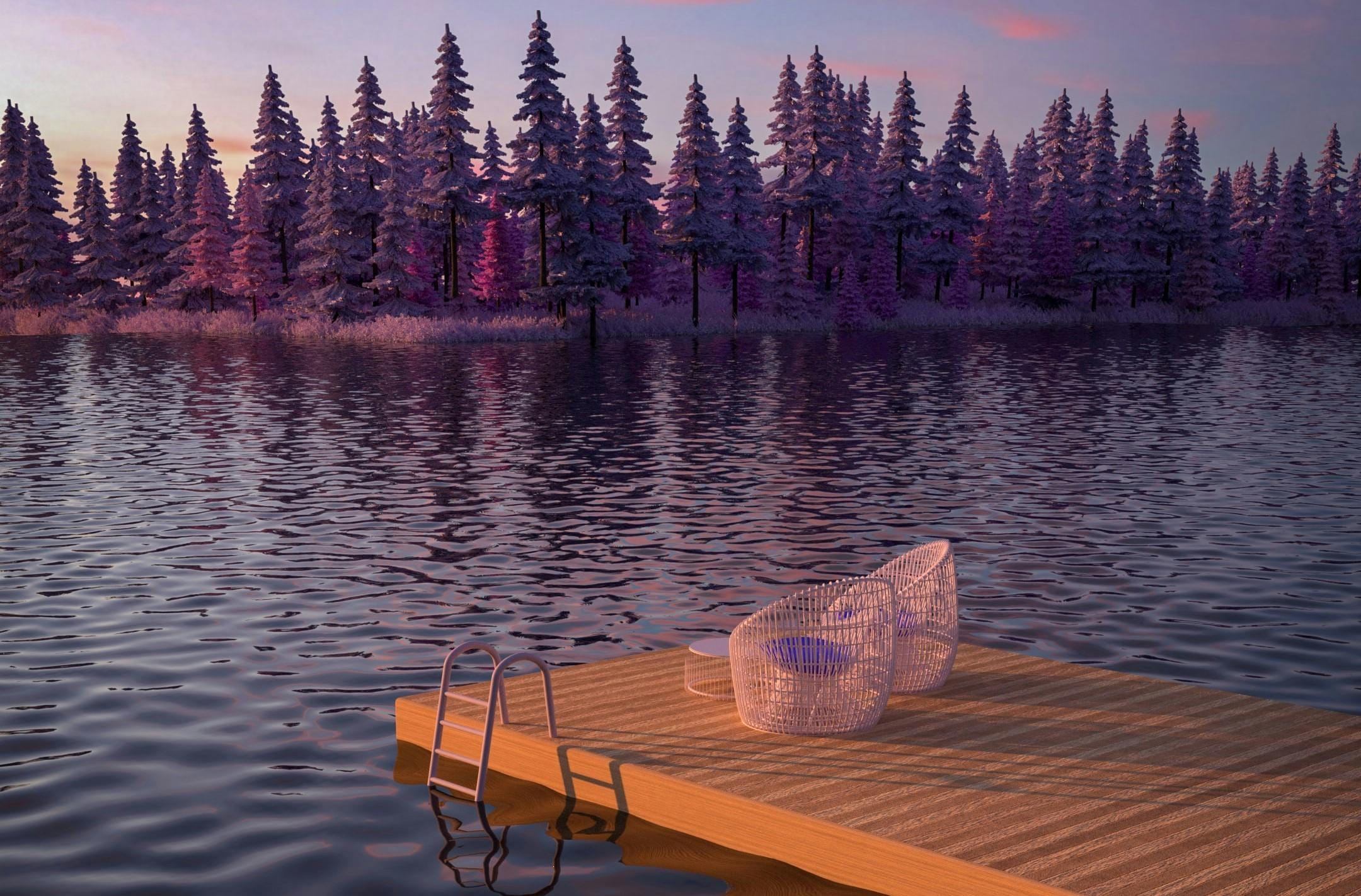 A photo of a digital world with no metaverse users. The world has dark purple and pink trees, a lack, and two empty chairs on a doc.