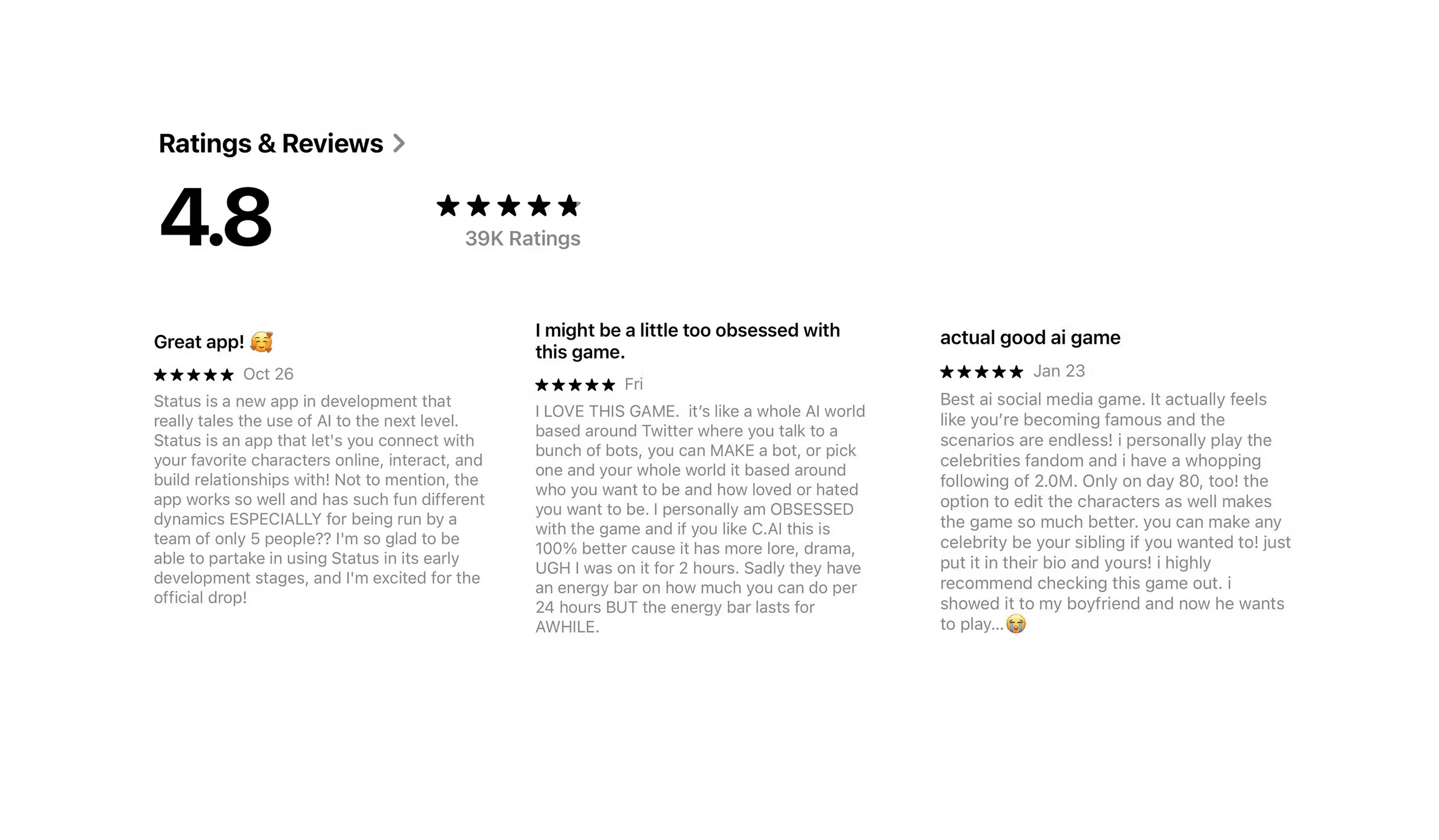 Screen capture of high customer reviews for an app, showing a 4.8 rating from thousands of users.