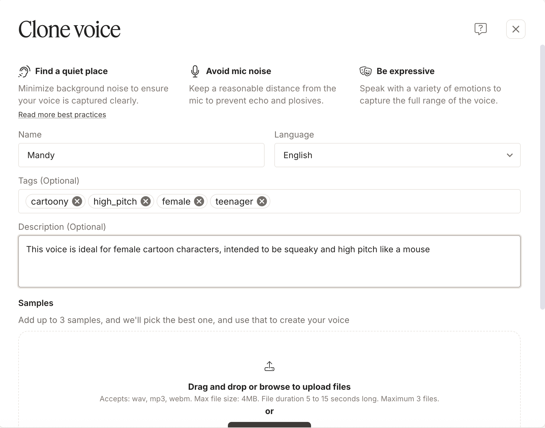 User guide interface for creating a custom AI voice clone. Instructions cover minimizing noise and maximizing emotional expression, followed by the input fields for voice metadata and the file upload area for training samples.