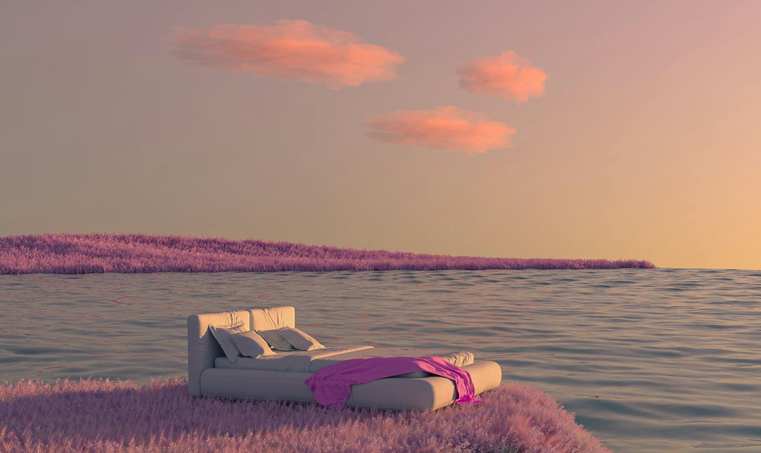 A photo of a digital world with no metaverse users. The world has a lake with islands of pink grass. There is an empty bed on the grass.