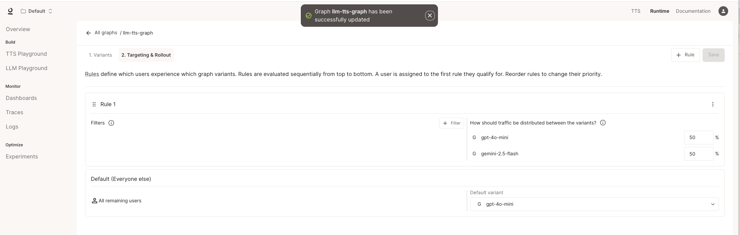 UI for defining experiment rules, showing traffic allocation percentages (80% and 50%) for two different model variants.