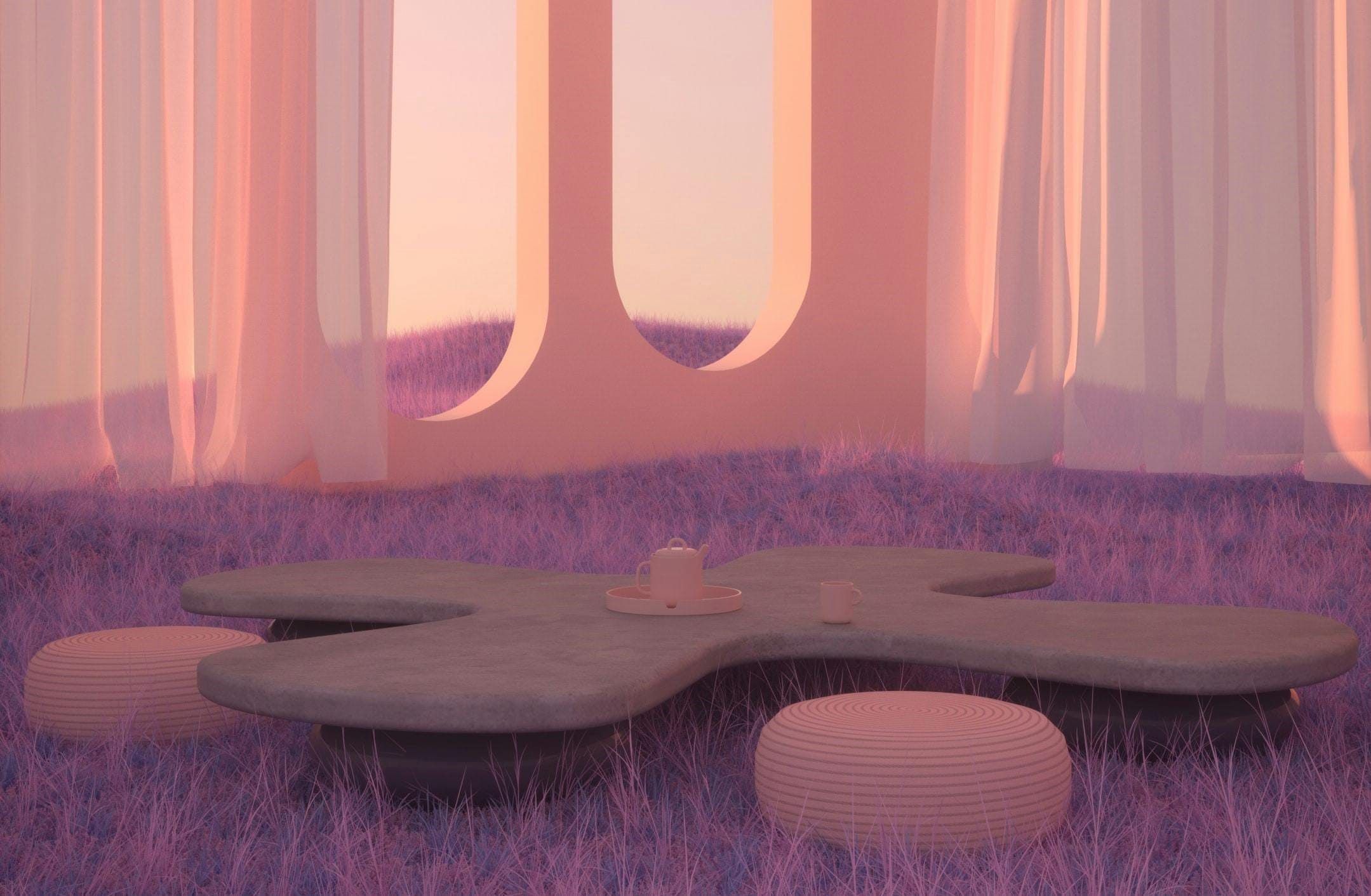 A photo of a digital world with no metaverse users. There is a table and chairs that are empty.