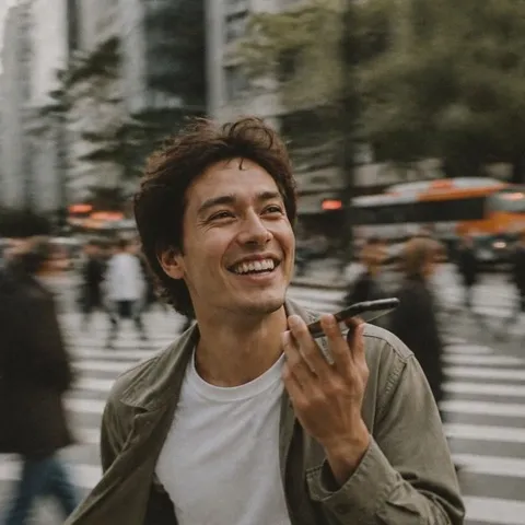 A man on a city crossing, talking into his phone